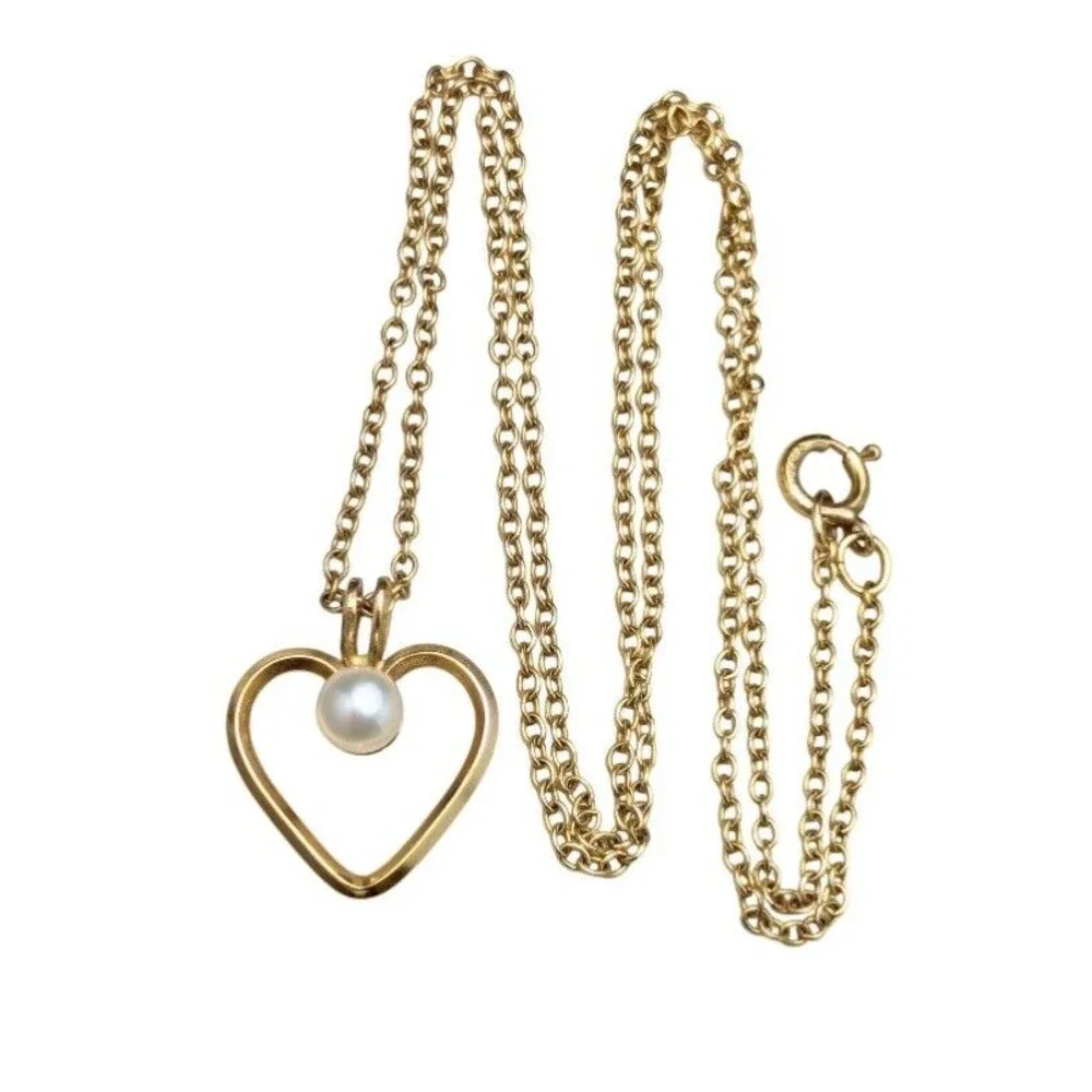 Vintage 14k GF Gold Filled Cultured Pearl Heart Pendant Necklace